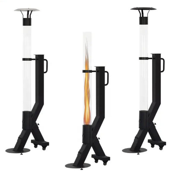 Outdoor Flame Heater Designed for Patio Elegance, 11,000 BTU Output, 360° Glass Enclosure, Mobility Wheels
